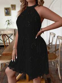 Calvaya 大碼網眼刺繡繞頸洋裝 - 黑色 - 查看 3