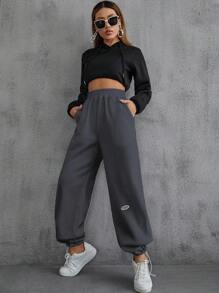 INAWLY Pantalones deportivos con diseño de parche de letra con bolsillos oblicuos - Gris Oscuro - Ver 5