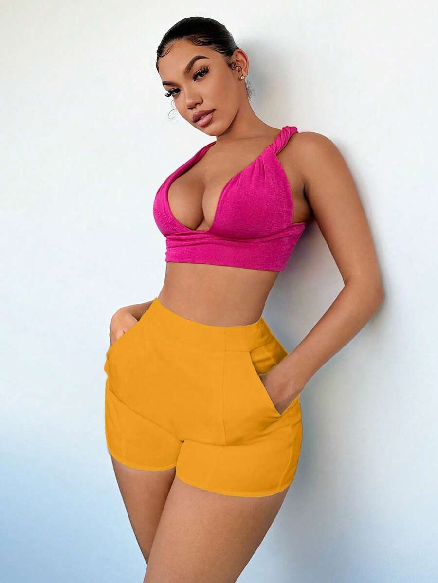 SHEIN SXY Shorts de cintura alta de un solo color para verano - Amarillo - Ver 1
