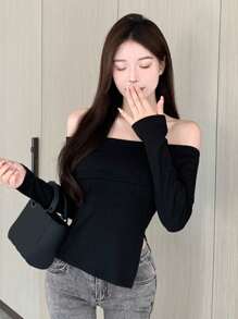 DAZY Top a maniche lunghe con spalle scoperte, orlo spaccato, tinta unita