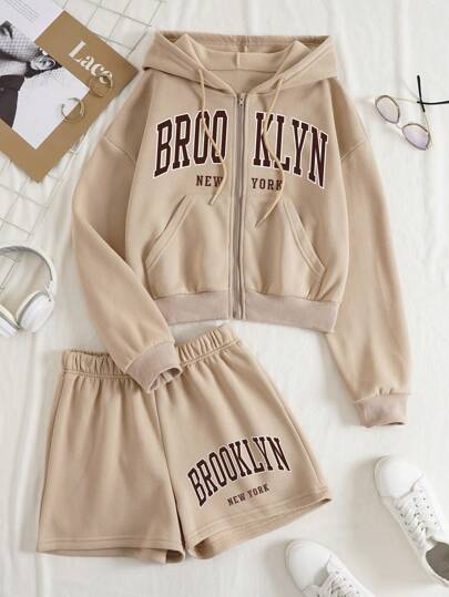 INAWLY 大碼字母圖案拉鏈開襟落肩袖抽繩連帽衫和短褲