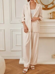 SHEIN Frenchy Women's Fashionable Solid Color Lapel Single-Breasted Blazer Winter Elegant - Apricot - View 6