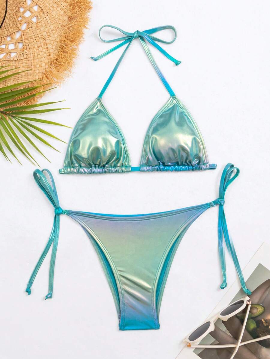 Swim Vcay Summer Beach Metallic Halter Triangle Tie Side Bikini Set - Cadet Blue - View 1