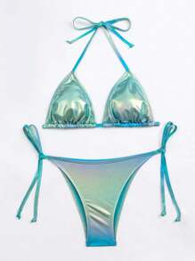 Swim Vcay Summer Beach Metallic Halter Triangle Tie Side Bikini Set - Cadet Blue - View 3