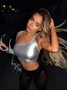 SHEIN ICON Áo cổ bằng da PU ánh kim bất đối xứng - Bạc - Xem 1