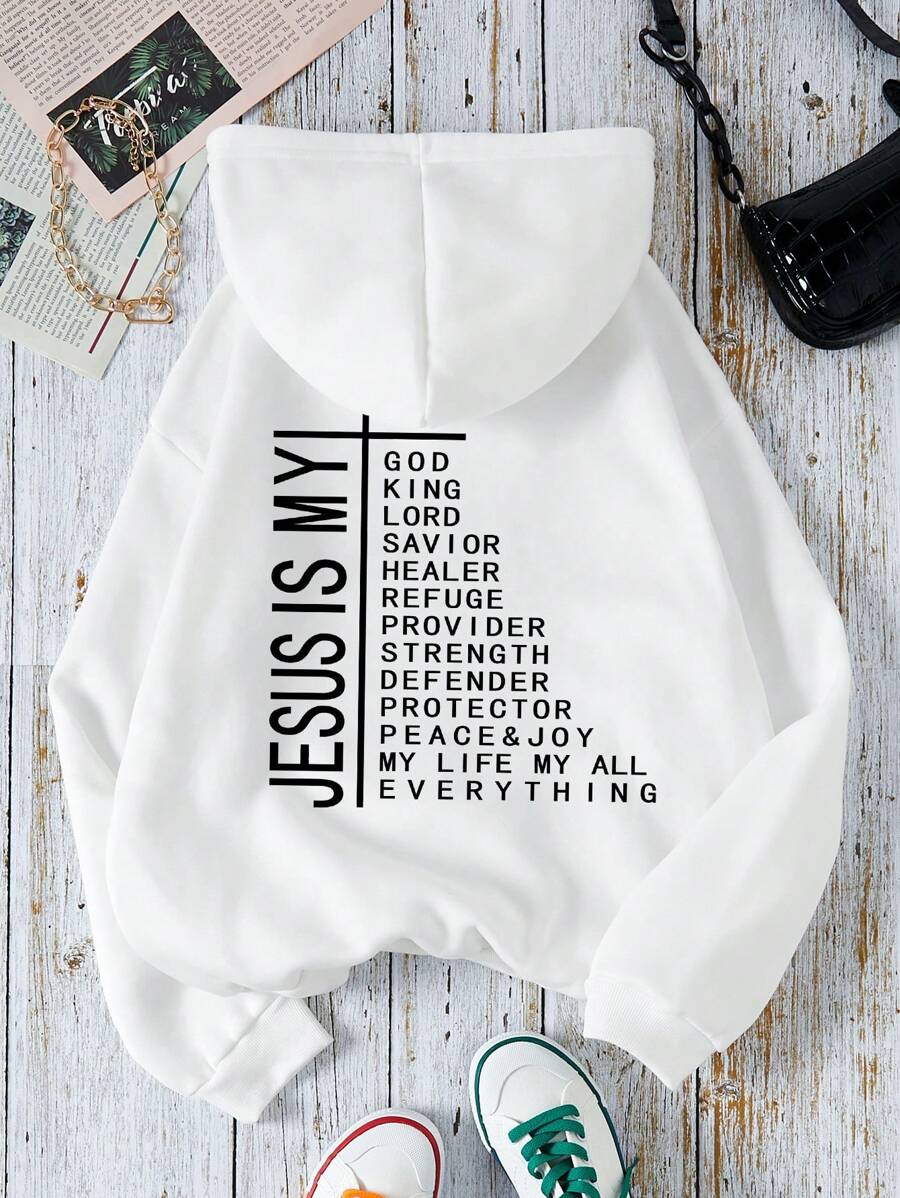 SHEIN EZwear 標語圖案袋鼠口袋抽繩加絨內裏連帽衫 - 白色 - 查看 1