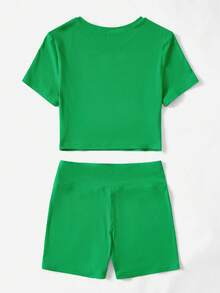 SHEIN EZwear Solid Tee & Letter Patched Biker Shorts - Green - View 2