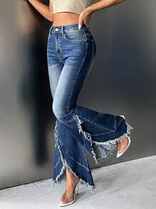 SHEIN ICON 拉鍊 鈕扣 口袋純色女士牛仔褲 - 深色水洗藍 - 查看 1