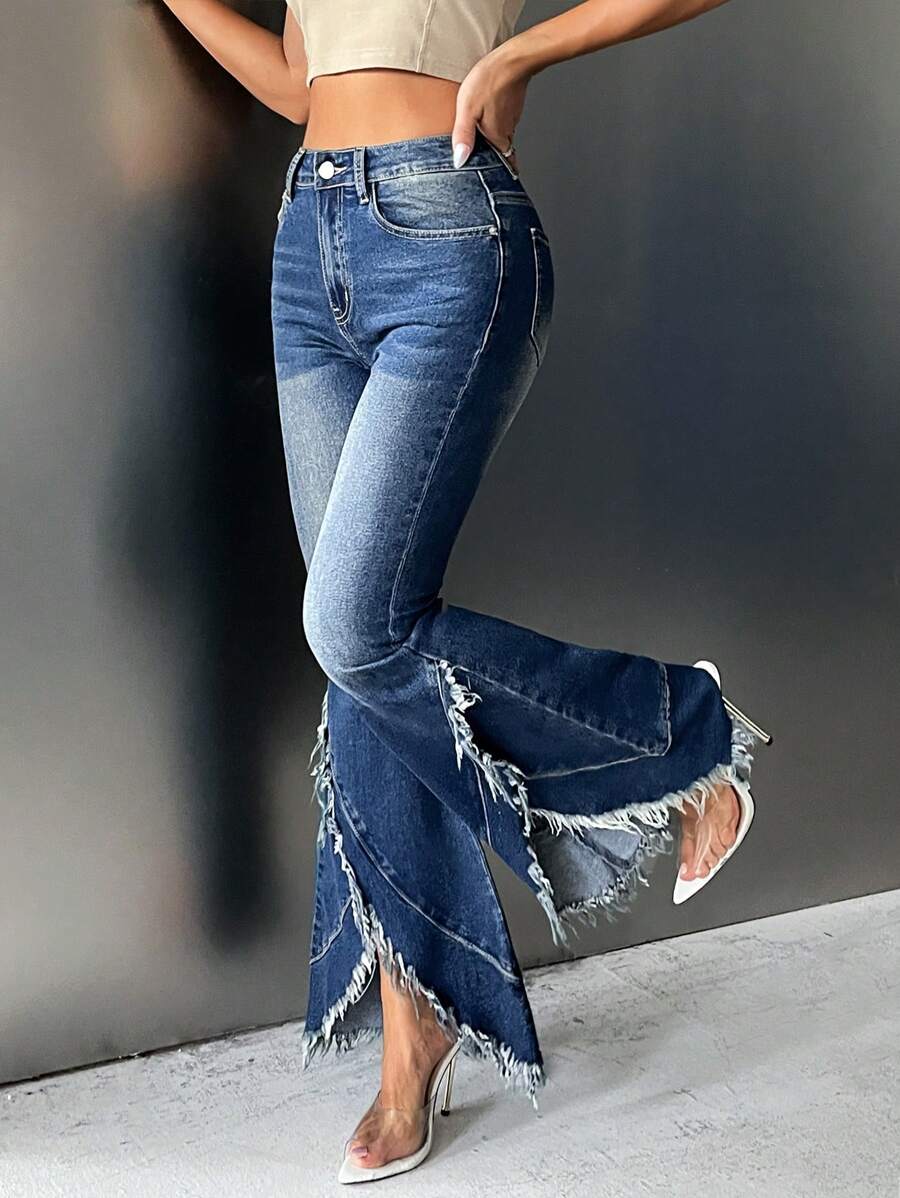 SHEIN ICON 拉鍊 鈕扣 口袋純色女士牛仔褲 - 深色水洗藍 - 查看 1