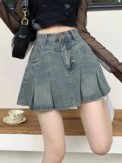 素色百褶細節牛仔半身裙