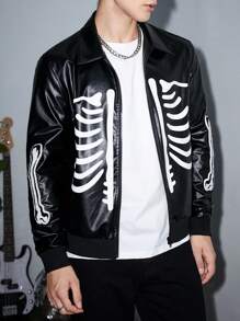 Manfinity RebelGame Áo khoác da PU in hình bộ xương Halloween rộng rãi cho nam có khóa kéo - màu đen - Xem 5