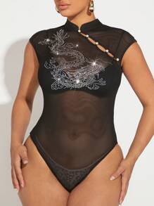SHEIN SXY Rhinestone Detail Cut Out Mesh Bodysuit Without Lingerie Set - Black - View 5