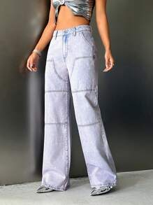 SHEIN ICON Top-stitching Wide Leg Jeans - Mauve Purple - View 3
