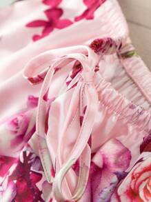 Floral Print Satin Cami Top & Shorts PJ Set / Pajama Set - Baby Pink - View 6