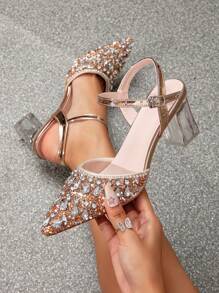 Giày cao gót đính đá pha lê cho nữ, quai cài trang trí bằng đá giả, thoải mái và nhẹ, gợi cảm, thanh lịch dành cho đám cưới, tiệc tùng, bãi biển, ngoài trời, ngày lễ tình nhân - Rượu sâm banh - Xem 1