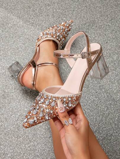 Women's Crystal Embellished Sandals, Rhinestone Decorated Strap Chunky Heels, Comfortable & Lightweight, Sexy, Elegant High Heel Sandals For Weddings, Parties, Beach, Outdoor, Valentine's Day