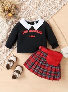 Baby Girl Letter Graphic Contrast Collar Sweatshirt & Tartan Pleated Skirt & Bag