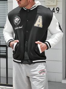 Manfinity Homme Men Plus Letter Graphic Striped Trim Varsity Jacket Without Hoodie - Black and White - View 7