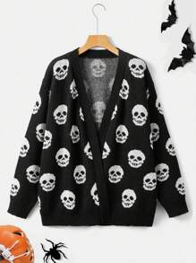 Sweetra Plus Size Halloween Skull Pattern Drop Shoulder Cardigan Fall Winter Cloth For Women