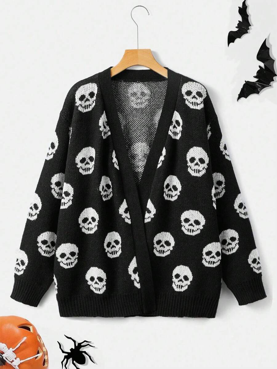 Sweetra Plus Size Halloween Skull Pattern Drop Shoulder Cardigan Fall Winter Cloth For Women