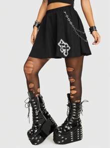 ROMWE Grunge Punk Vượt qua In Hem xòe Váy - màu đen - Xem 4