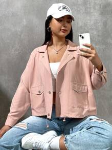 SHEIN EZwear Hơn Túi có nắp Viền kéo ra Tay Raglan Áo khoác - Hồng - Xem 6