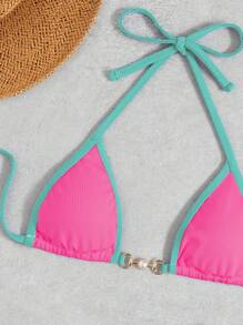 Contrast Binding Halter Triangle Bikini Set - Hot Pink - View 5