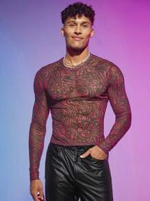 Manfinity Fever City 男士斑馬紋網紗T恤 - 紫色 - 查看 1