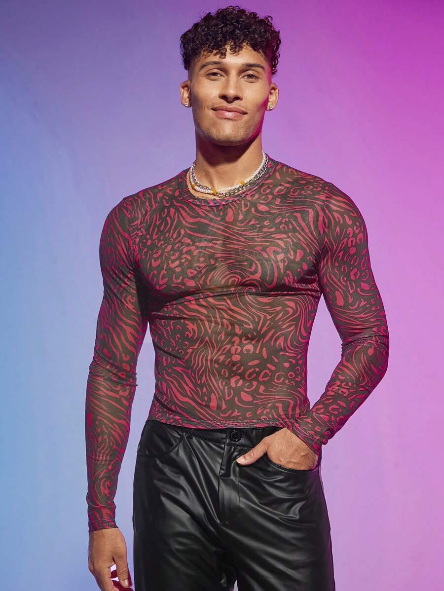 Manfinity Fever City 男士斑馬紋網紗T恤 - 紫色 - 查看 1