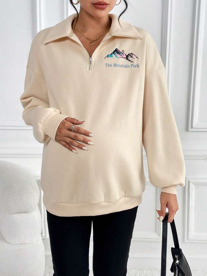 SHEIN Maternity Embroidery Mountain and Letter Pattern Half Zip Drop  Shoulder Sweatshirt | SHEIN USA
