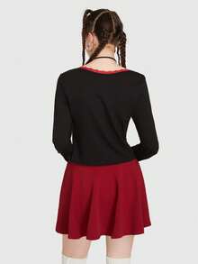 ROMWE 貓和心形圖案滾邊T恤 - 黑色 - 查看 3