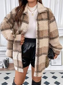 SHEIN Franclia Plus Plaid Pattern Drop Shoulder Teddy Coat - Multicolor - View 5