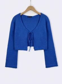 SHEIN Unity Tie Front Crop Cardigan - Blue - View 1