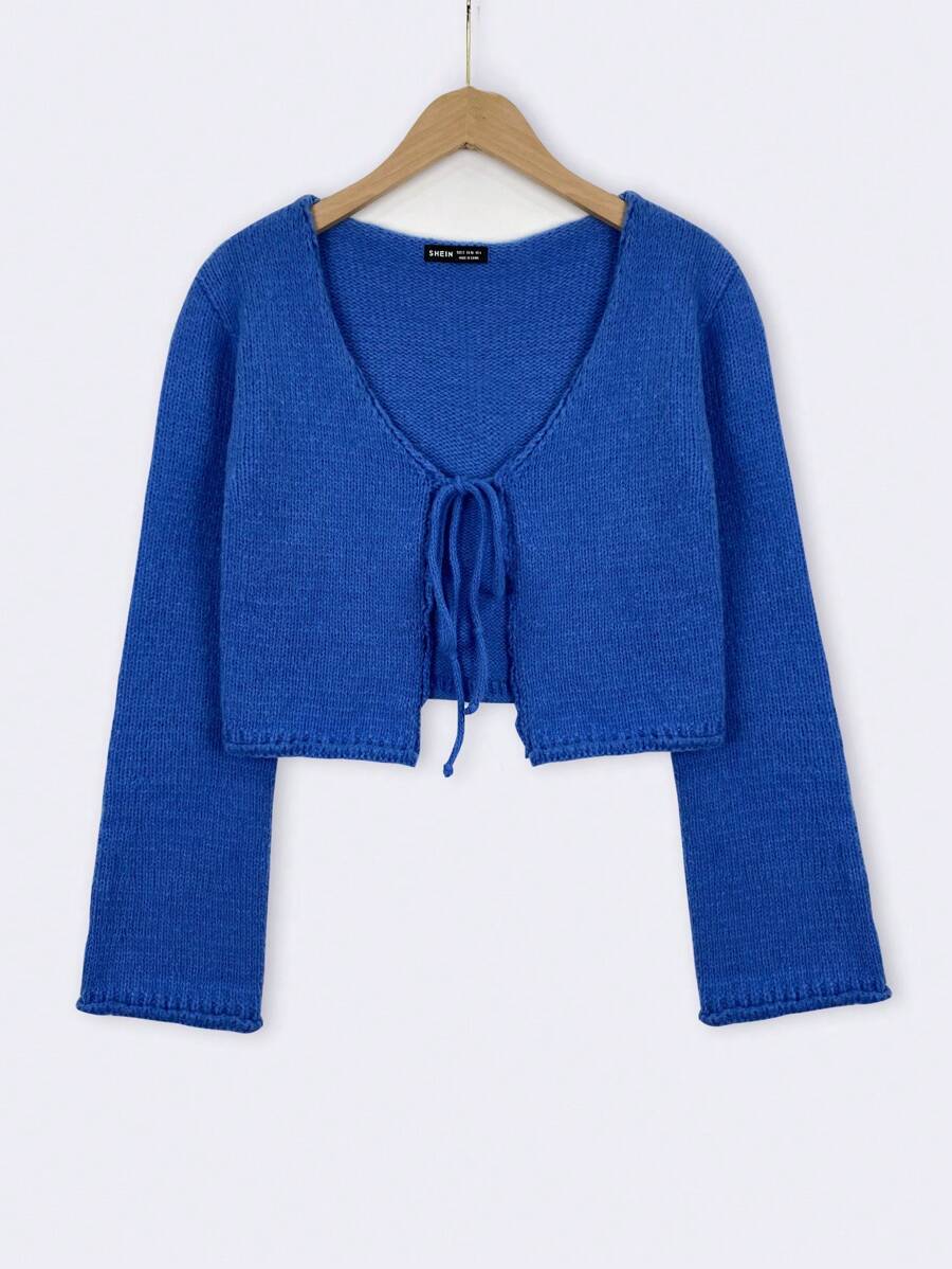 SHEIN Unity Tie Front Crop Cardigan - Blue - View 1
