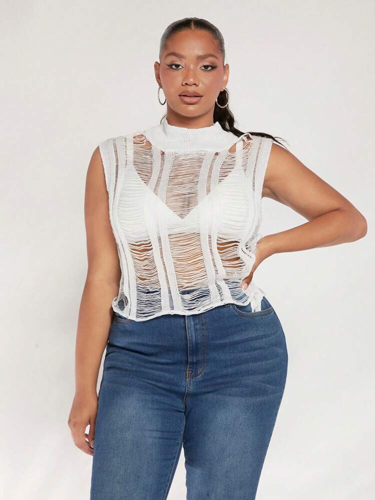 SHEIN SXY מידות גדולות קרוע חולצות סריג ללא חזייה - לבן - ראה 3