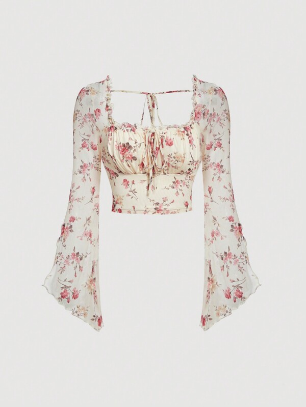 SHEIN MOD Tricou cu cravată cu volan în față cu imprimeu floral