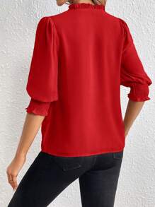 SHEIN Privé Blusa con escote en pico y mangas abultadas, Top de manga tres cuartos - Rojo - Ver 2