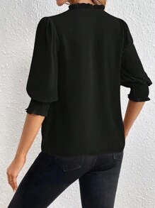 SHEIN Privé Blusa ribete fruncido de manga farol - Negro - Ver 2