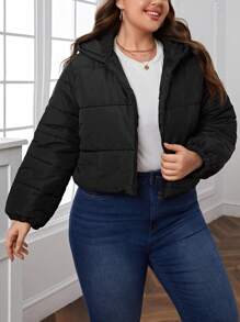 SHEIN Essnce Plus Zip Up Hooded Padded Coat - Black - View 4