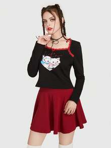 ROMWE 貓和心形圖案滾邊T恤 - 黑色 - 查看 5