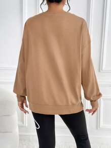 SHEIN Áo nỉ xẻ vai trễ vai cho bà bầu, dành cho mùa đông - màu nâu - Xem 2