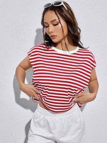SHEIN EZwear Striped Batwing Sleeve Tee - Red and White - View 4