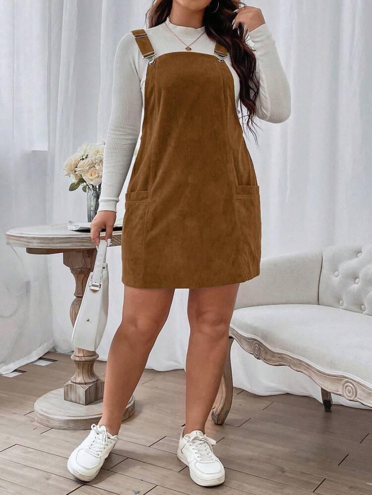 Plus Patched Pocket Corduroy Overall Dress Without Tee, For Winter
