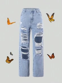 SHEIN ChillGRL Retro Streetwear Relaxed Distressed Teen Girls Blue Denim Wide Leg Jeans, School, Campus, College - Light Wash - View 1