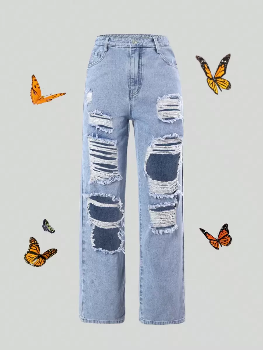 SHEIN ChillGRL Retro Streetwear Relaxed Distressed Teen Girls Blue Denim Wide Leg Jeans, School, Campus, College - Light Wash - View 1