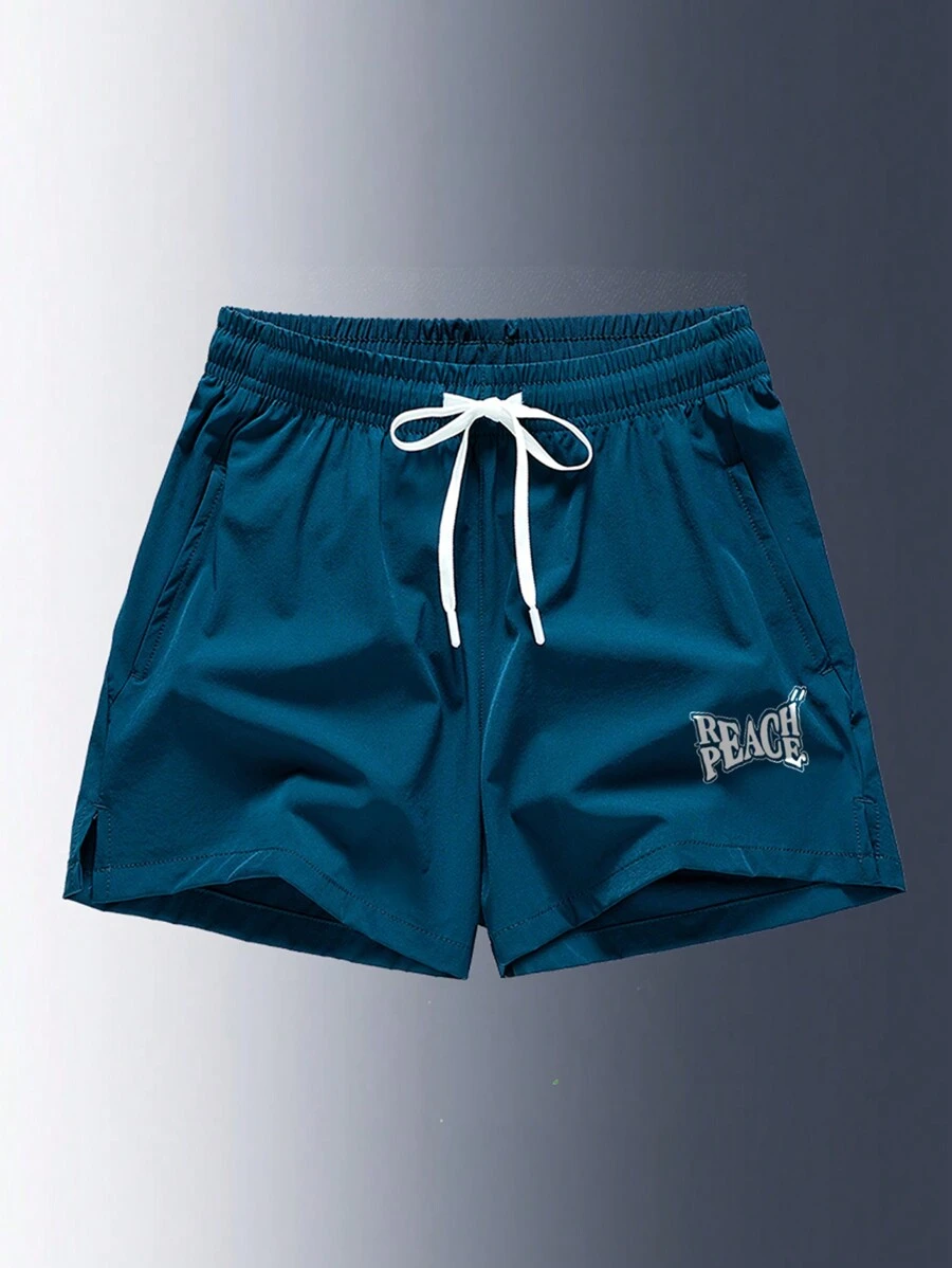 Men Letter Graphic Drawstring Waist Shorts - Blue - View 1