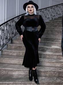 Celure Hơn Halloween Lưới tương phản Cổ giả Nhung Đầm Không có thắt lưng - màu đen - Xem 4