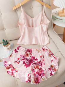 Floral Print Satin Cami Top & Shorts PJ Set / Pajama Set - Baby Pink - View 2