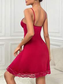 Elegant Solid Color Lace Trim Slit Camisole Nightgown