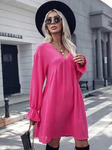 SHEIN Unity 素色荷葉袖娃娃裙 - 玫紅色 - 查看 4